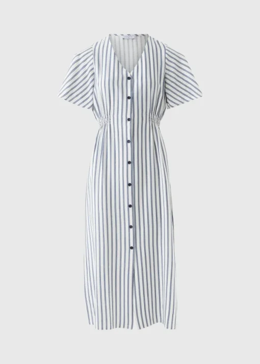 Navy Stripe Shirred Midi Dress
