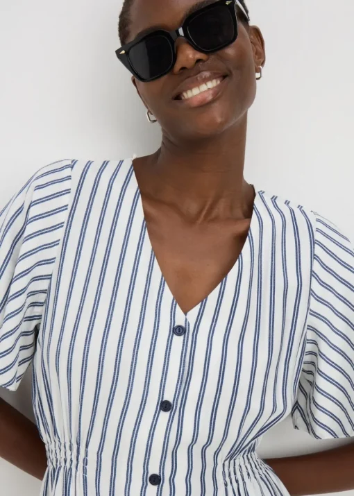 Navy Stripe Shirred Midi Dress