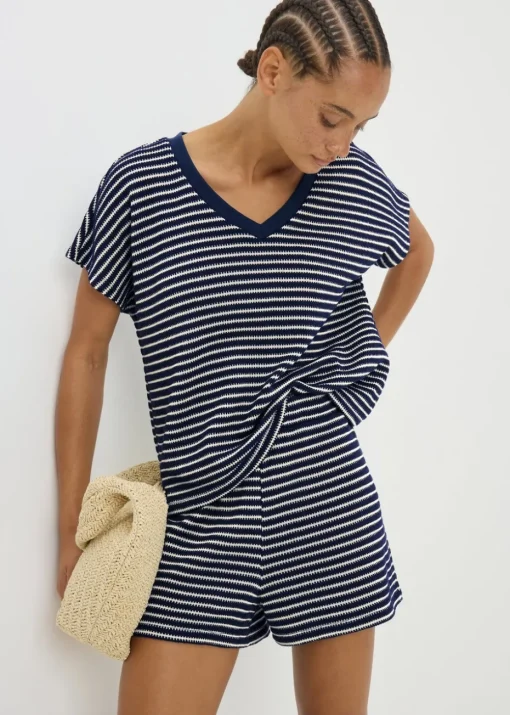 Navy Stripe Textured V Neck Crop Top