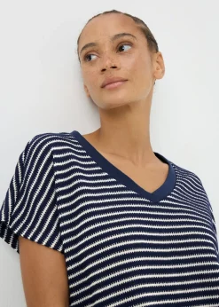 Navy Stripe Textured V Neck Crop Top
