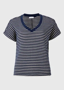 Navy Stripe Textured V Neck Crop Top
