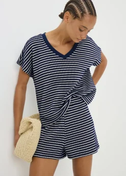 Navy Stripe Textured V Neck Crop Top