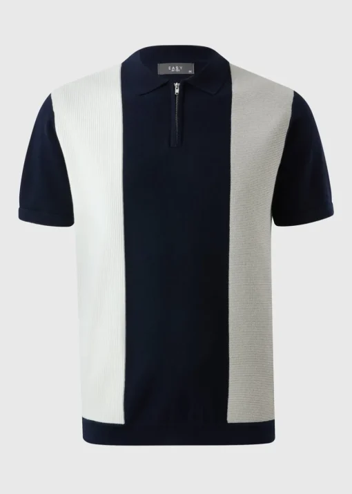 Navy Stripe Textured Zip Polo Shirt