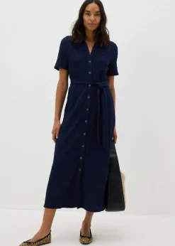 Navy Textured Shirt Midi Dress