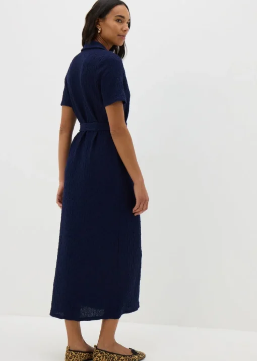 Navy Textured Shirt Midi Dress