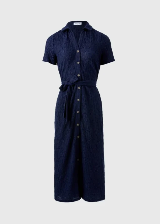 Navy Textured Shirt Midi Dress