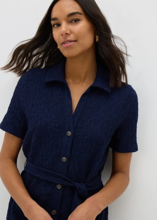 Navy Textured Shirt Midi Dress