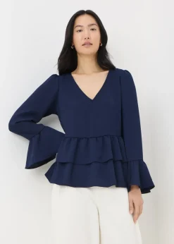 Navy V-Neck Ruffle Blouse