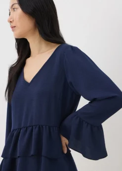 Navy V-Neck Ruffle Blouse