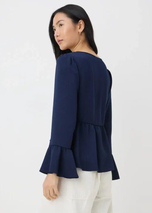 Navy V-Neck Ruffle Blouse