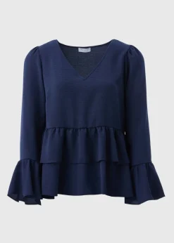 Navy V-Neck Ruffle Blouse