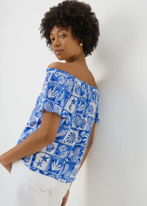 Online Exclusive Blue Beach Print Bardot Top