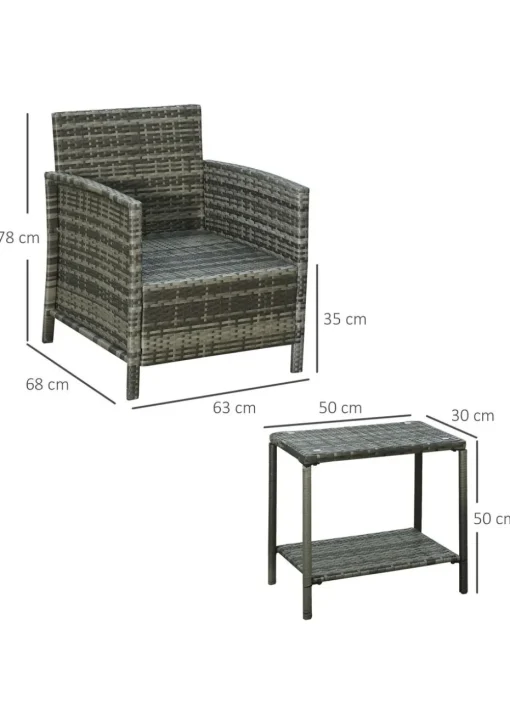 Outsunny 3 PC Outdoor Rattan Sofa Set with Chairs Coffee Table Cushion Grey