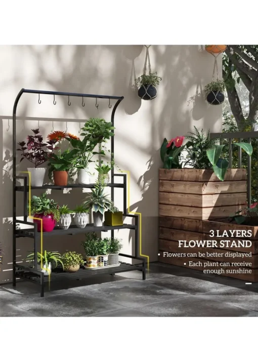 Outsunny 3 Tiered Plant Rack Stand with Hanging Hooks