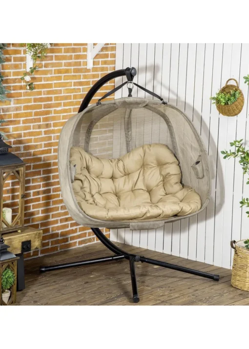 Outsunny Brown Double Hanging Egg Chair Swing Hammock with Cushion