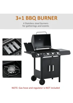 Outsunny Gas Burner Barbecue Grill 3+1 Burner Garden BBQ Trolley 110x50x100cm