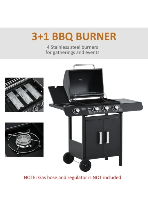 Outsunny Gas Burner Barbecue Grill 3+1 Burner Garden BBQ Trolley 110x50x100cm
