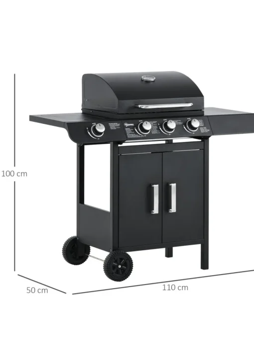 Outsunny Gas Burner Barbecue Grill 3+1 Burner Garden BBQ Trolley 110x50x100cm