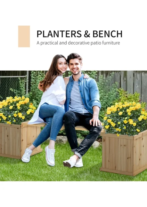 Outsunny 37L Wooden Garden Planter & Bench Combination Garden Raised Bed 176 x 38 x 40 cm