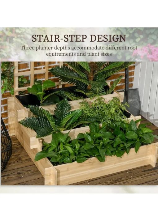 Outsunny Natural 3 Tier Wooden Garden Planters with Trellis