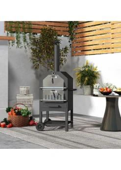 Outsunny Outdoor Pizza Oven Charcoal Grill with Rain Cover, Shelf & Wheels