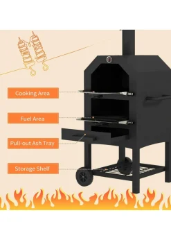 Outsunny Outdoor Pizza Oven Charcoal Grill with Rain Cover, Shelf & Wheels