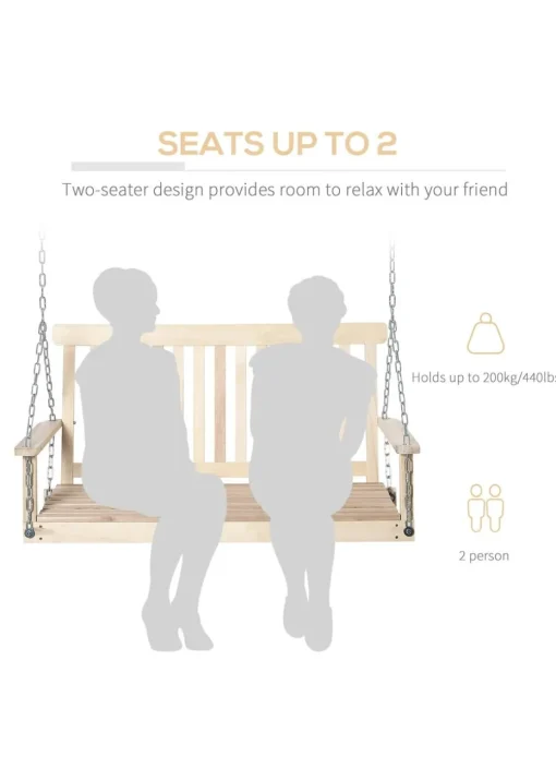 Outsunny Outdoor Wooden Swing Bench 2-Seater Porch Swing Chair Hanging Hammock