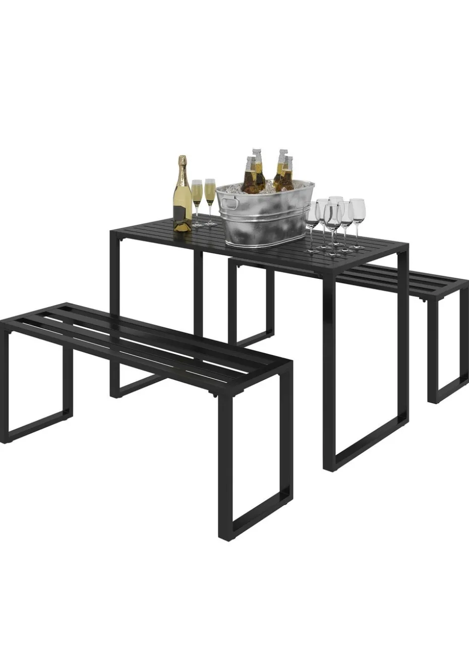 Outsunny 3Pcs Outdoor Dining Set Metal Beer Table Bench Patio Garden Yard