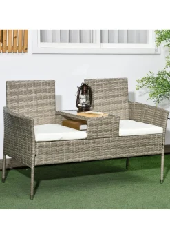 Outsunny Rattan Garden Bench Glass Tea Table Wicker Chair with Cushions