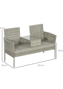 Outsunny Rattan Garden Bench Glass Tea Table Wicker Chair with Cushions