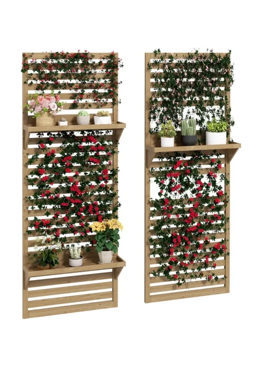 Outsunny Wall Mounted Plant Stands Set of 2 with Shelves and Slatted Trellis