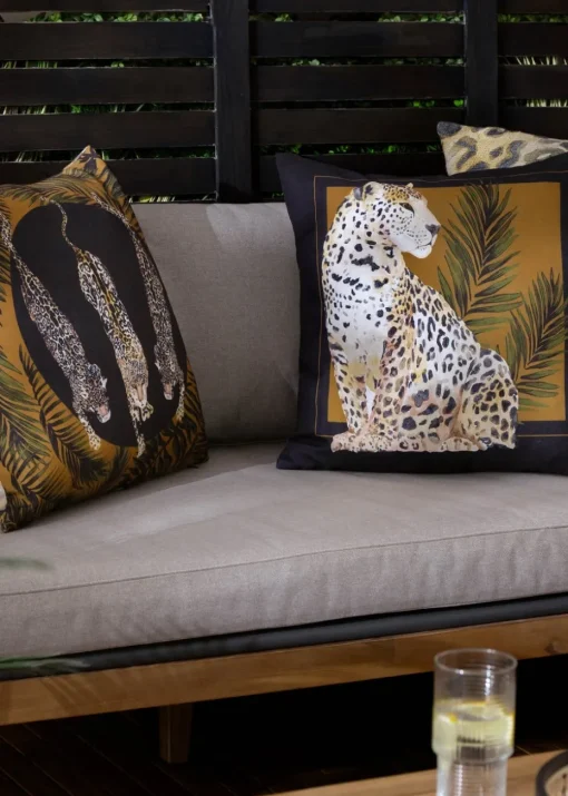 Paoletti Black/Gold Leopardis Cat Printed Outdoor Outdoor Cushion