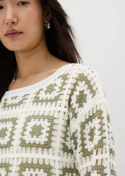 Papaya Petite Green Crochet Patchwork Jumper