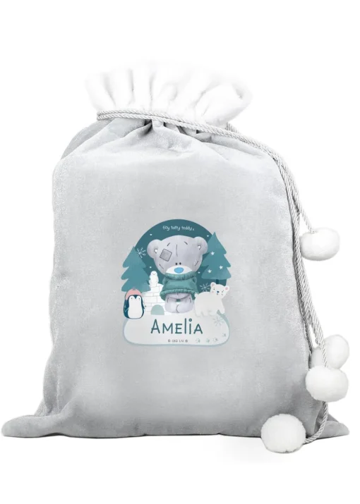 Personalised Memento Company Grey Winter Explorer Tiny Tatty Teddy Luxury Pom Pom Sack