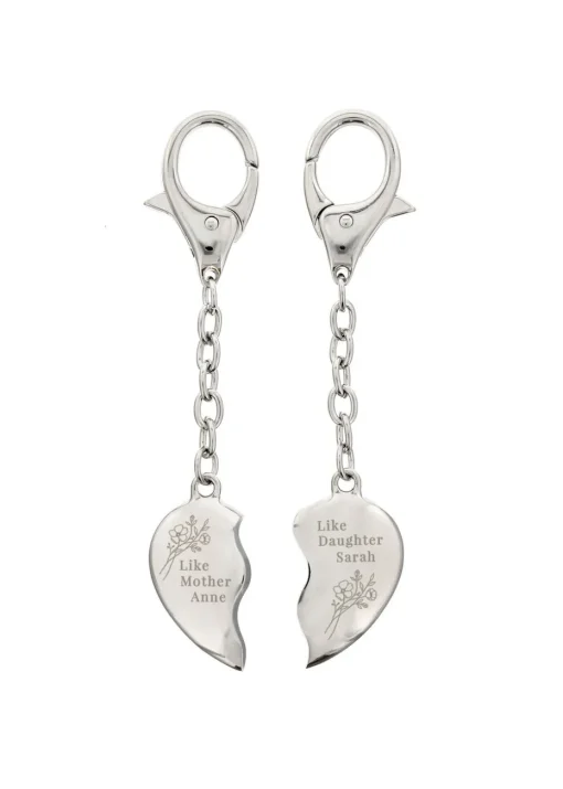Personalised Memento Company Silver Floral Mother Daughter Two Heart Keyring
