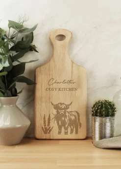 Personalised Memento Company Highland Cow Brown Paddle Chopping Board