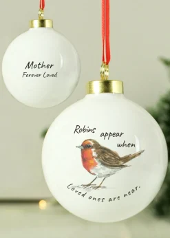 Personalised Memento Company White Robins Appear Bauble