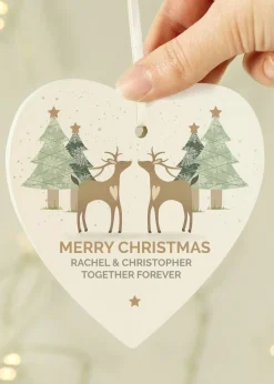 Personalised Memento Company Wood Reindeer Couple Heart Decoration