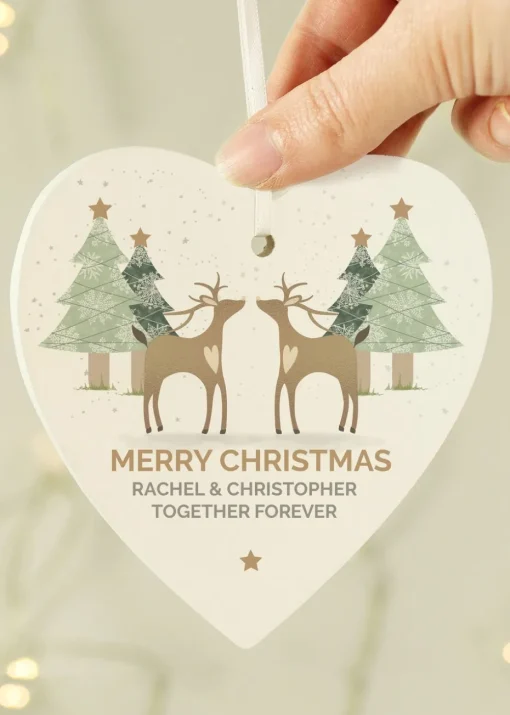 Personalised Memento Company Wood Reindeer Couple Heart Decoration