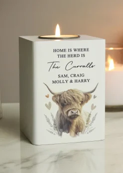 Personalised Memento Company Highland Cow White Wooden Tealight Holder
