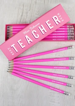 Personalised Memento Company Pink Best Teacher Ever Box with 12 Pink HB Pencils