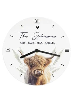Personalised Memento Company Highland Cow White Wooden Clock