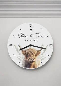 Personalised Memento Company Highland Cow White Wooden Clock