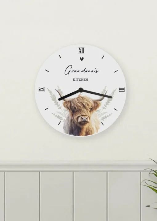 Personalised Memento Company Highland Cow White Wooden Clock