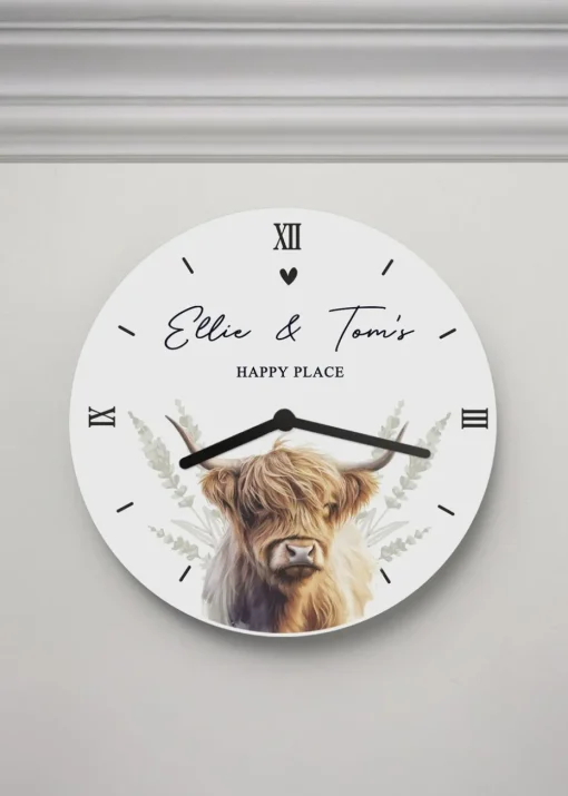 Personalised Memento Company Highland Cow White Wooden Clock