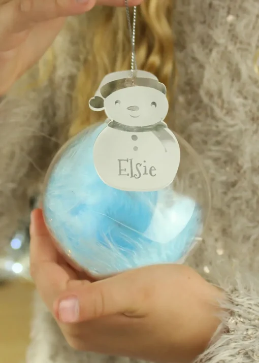 Personalised Memento Company Clear Snowman Acrylic Blue Feather Bauble