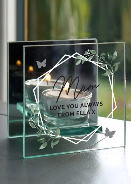Personalised Memento Company Clear Botanical Mirrored Glass Tea Light Candle Holder