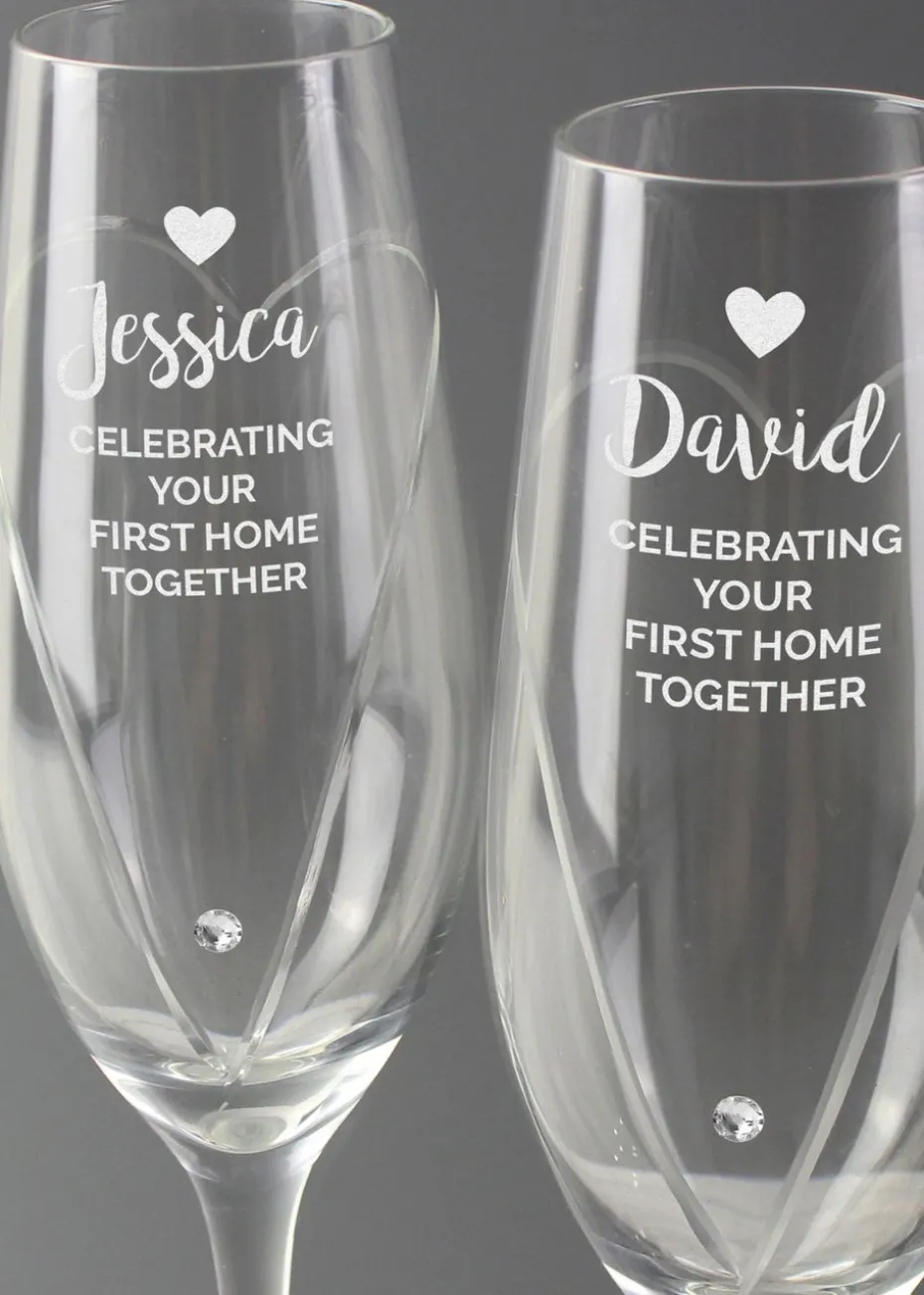 Personalised Memento Company Clear Hand Cut Heart Celebration Pair of Flutes with Gift Box