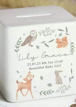 Personalised Memento Company White Woodland Animals Ceramic Square Money Box