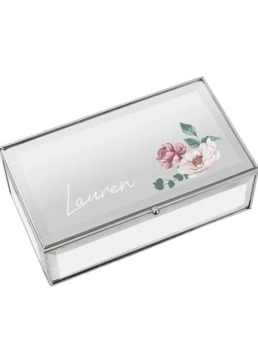 Personalised Memento Company Silver Floral Mirrored Jewellery Box
